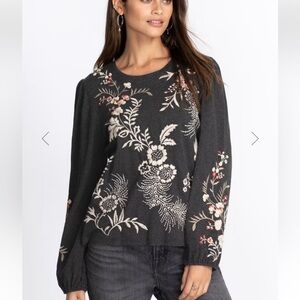 Johnny Was Valentina Long Sleeve Bishop Tee embroidered flowers birds gray